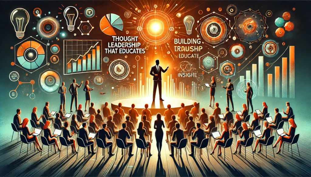 Thought Leadership That Educates: Building Trust Through Insight. the image shows a person standing on stage educating a group of people.